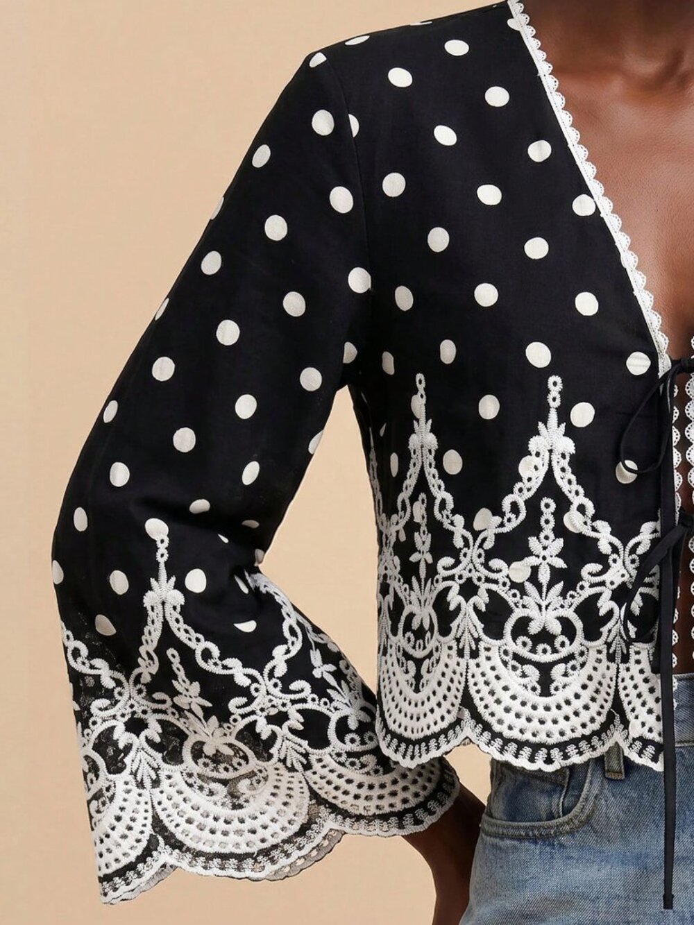 Black Boho Women's Polka Dot Print Embroidered Detail Long Sleeve Shirt